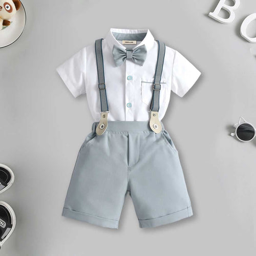 Boys Short Sleeve Shirt With Suspender Shorts Set Sets Grey 1-2 Y 