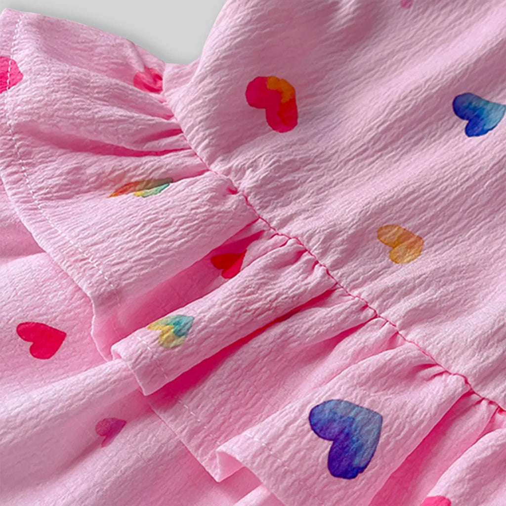 Girls Pink Heart Printed Sleeveless A-line Dress Casual Dresses