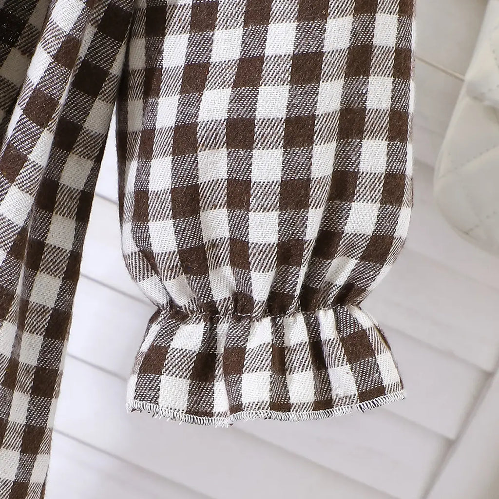 Girls Multicolor Checked Bow Long Sleeves A-line Dress Casual Dresses
