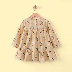 Girls Apricot Cherry Print Long Sleeve A-line Dress Casual Dresses