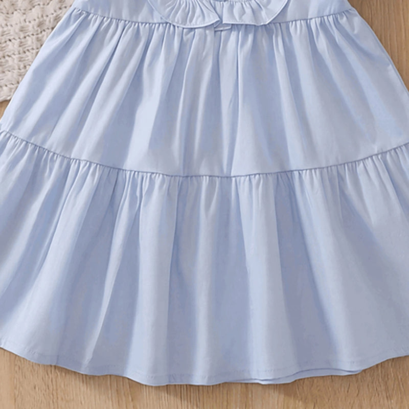 Girls Light Blue Puff Sleeve Tiered Dress Casual Dresses