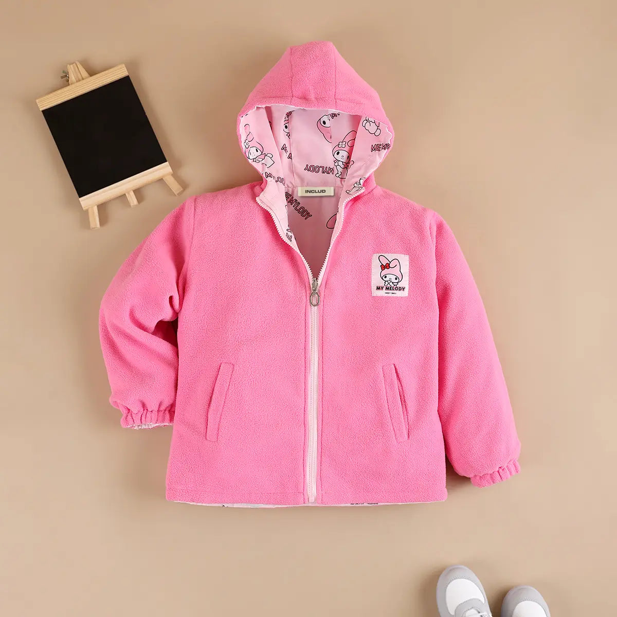 Girls Light Pink Typographic Reversible Printed Hooded Zipper Jacket Coats & Jackets