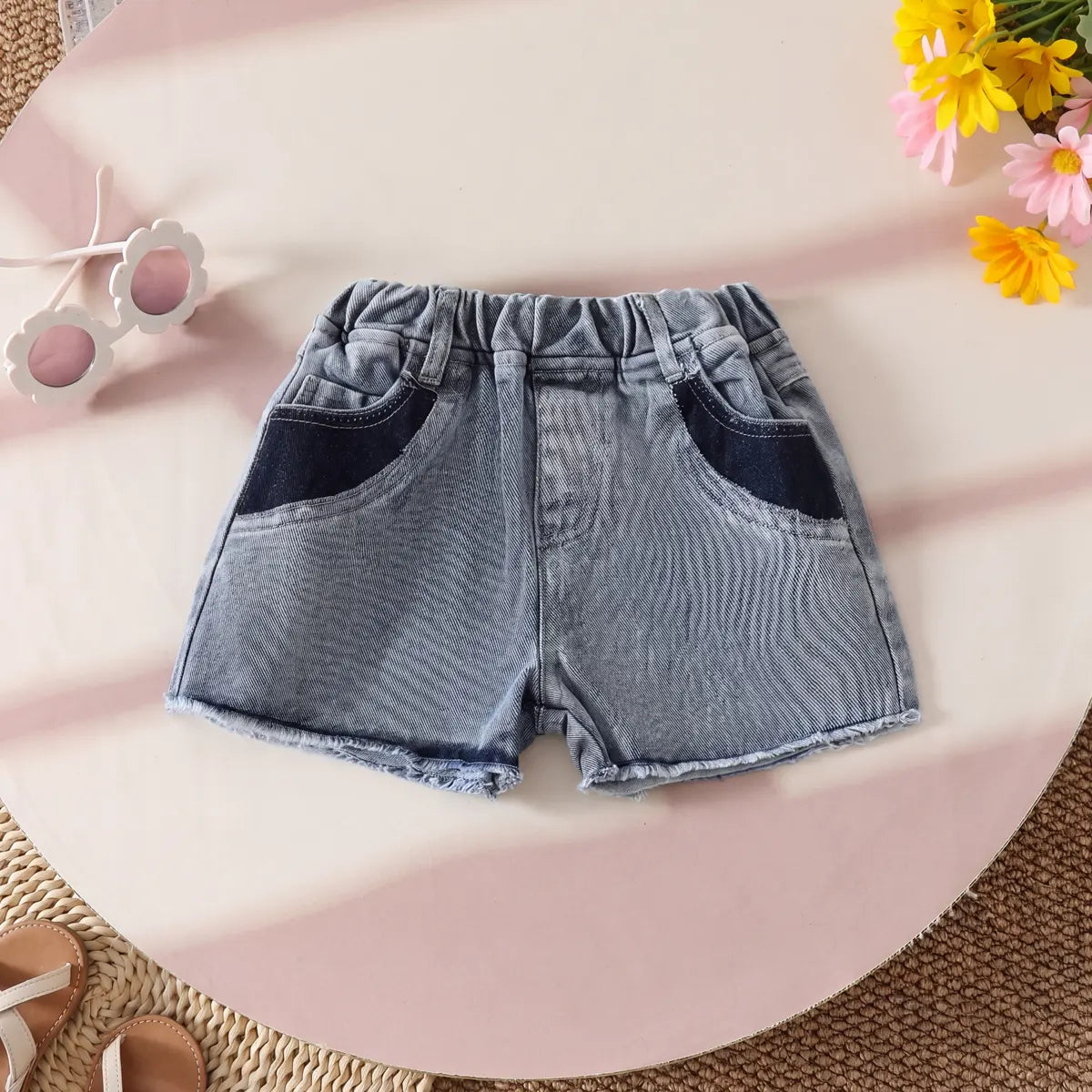 Girls Blue Colorblocked Denim Shorts Shorts Blue 2-3 Y