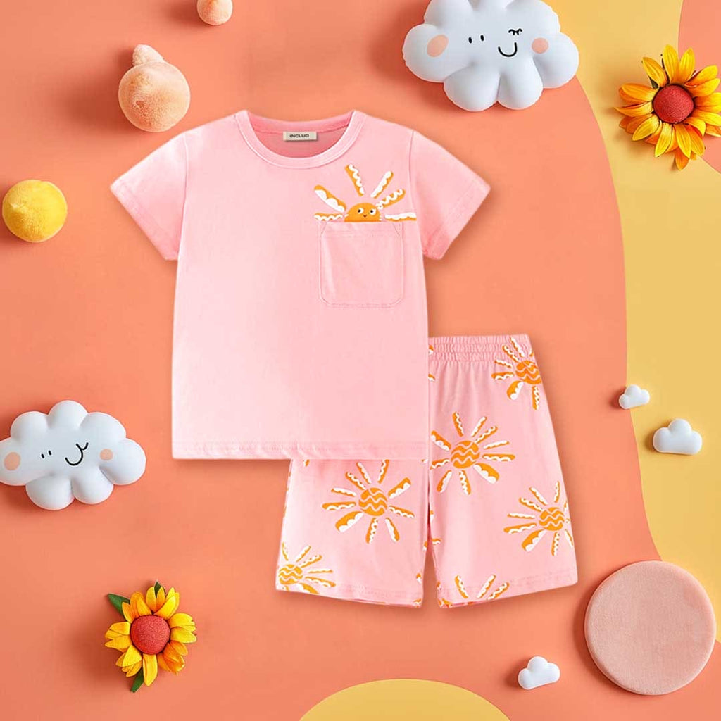 Girls Sun Print T-Shirt with Shorts Set