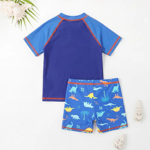 Boys Blue Dinosaur Printed T-Shirt With Shorts Swimwear Sets Beachwear