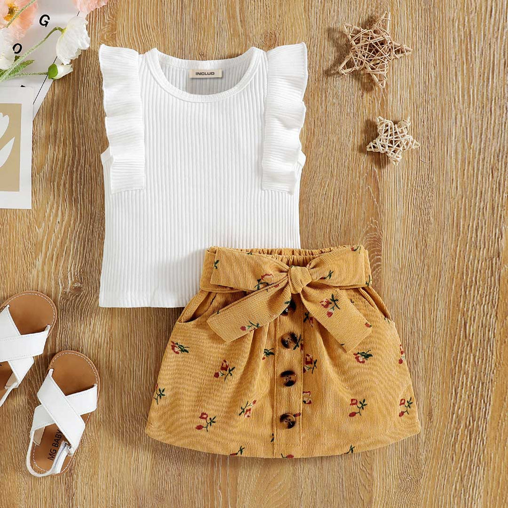 Girls Flared Sleeve Knitted Top With Floral Printed Corduroy Skirt Set