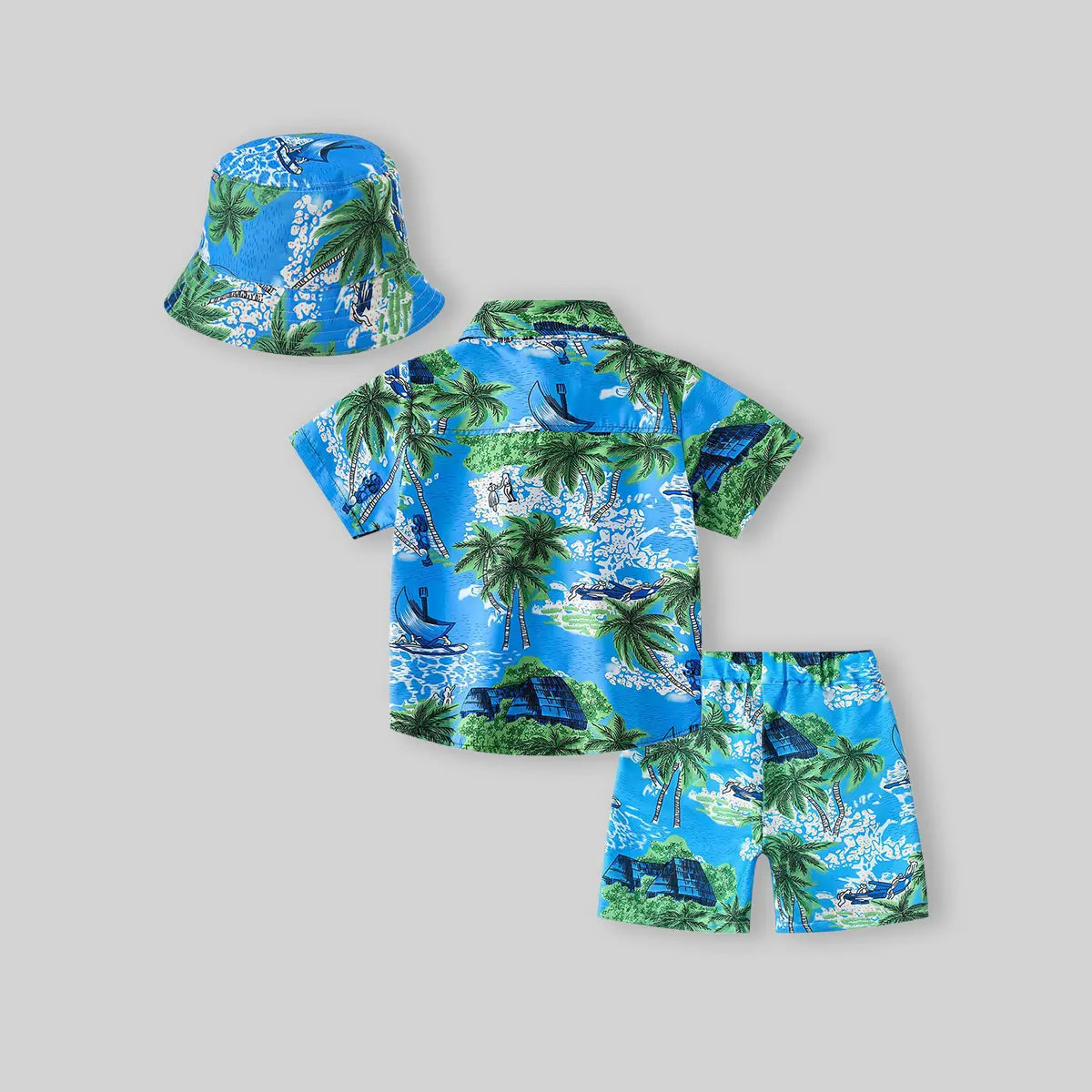 Boys Green Tropical Print Button-Down Shirt With Shorts & Hat Co-ord Sets Sets