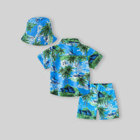 Boys Green Tropical Print Button-Down Shirt With Shorts & Hat Co-ord Sets Sets