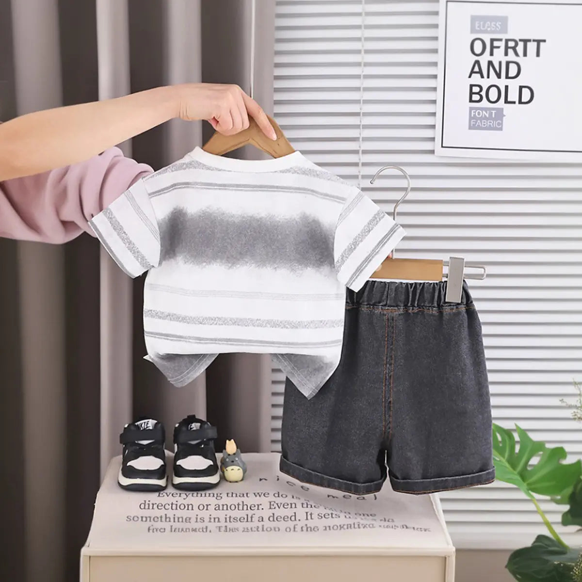 Boys White Typographic Printed Half Sleeve T-Shirt With Denim Shorts Sets 2 pc. Sets