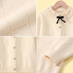 Girls Cream Self Design Long Sleeve Cardigan Sweaters & Cardigans