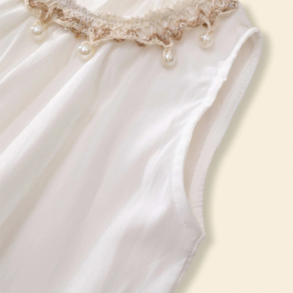 Girls White Sleeveless Peplum Top with Embellished Neckline & Pants Sets Sets
