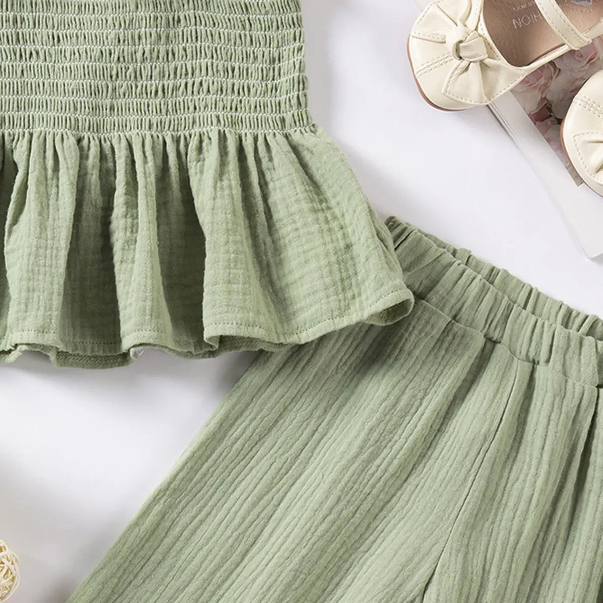 Girls Green Sleeveless Smocked Peplum Top With Cropped Pants Co-ord Sets Sets