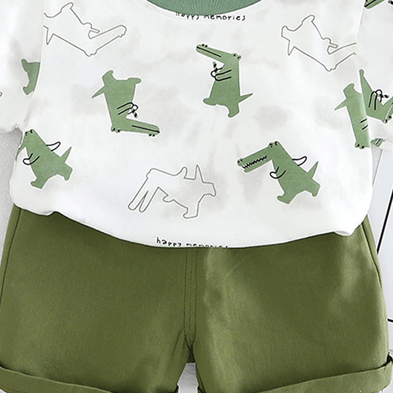 Boys Green Crocodile Printed Short Sleeve T-Shirt With Elasticated Shorts Sets 2 pc. Sets