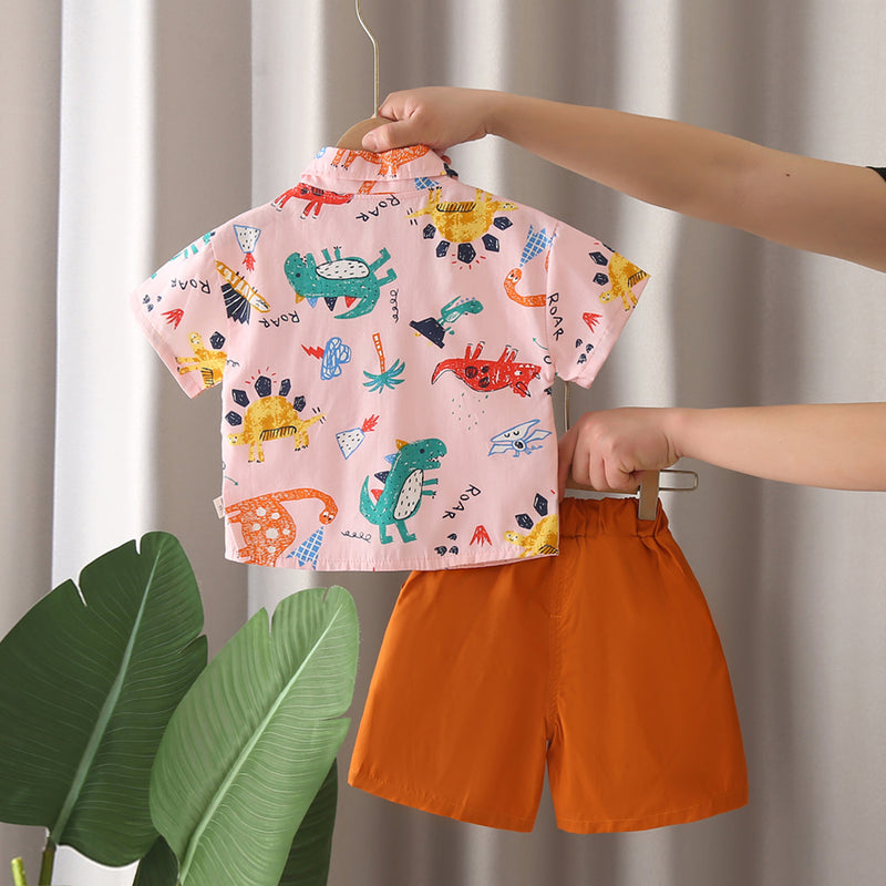 Boys Pink Animals Printed Short Sleeves Shirt With Shorts Set 2 pc. Sets