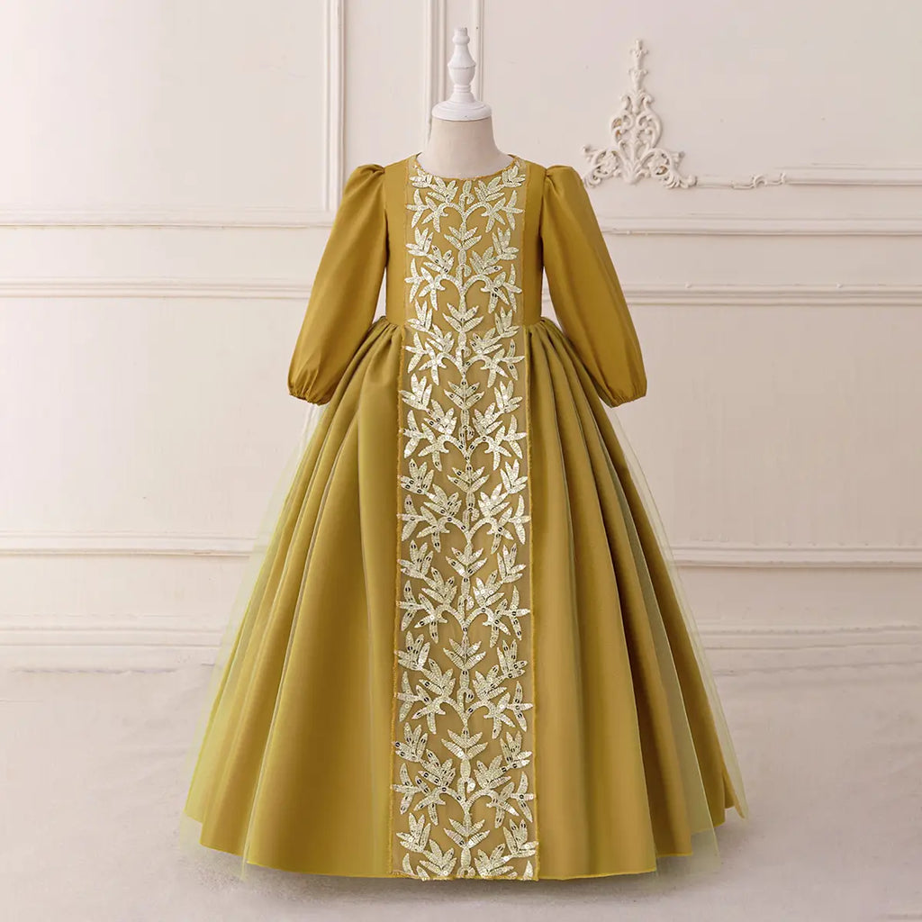 Girls Yellow Embroidered Maxi Dress With Puff Sleeves Casual Dresses Yellow 3-4 Y