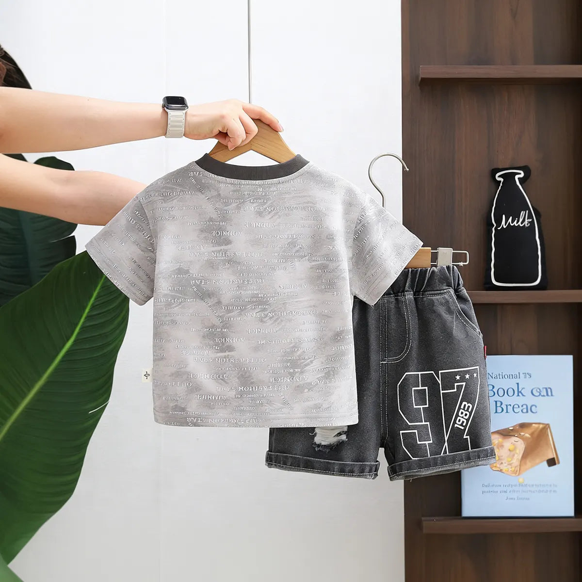 Boys Grey Tie-dye Printed T-Shirt With Denim Shorts Set Sets