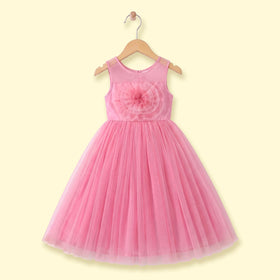 Girls pink sleeveless party gown with floral applique and tulle