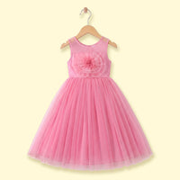 Girls pink sleeveless party gown with floral applique and tulle