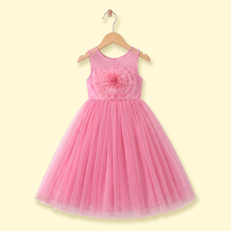 Girls pink sleeveless party gown with floral applique and tulle