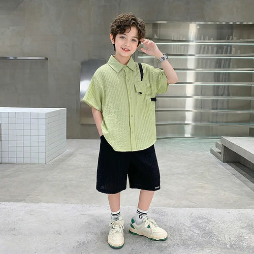 Boys Green Textured Drop Shoulder Shirt With Shorts Sets Sets Green 5-6 Y