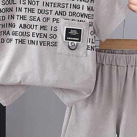 Boys Grey Typography Printed Front Pocket T-Shirt With Shorts Set 2 pc. Sets