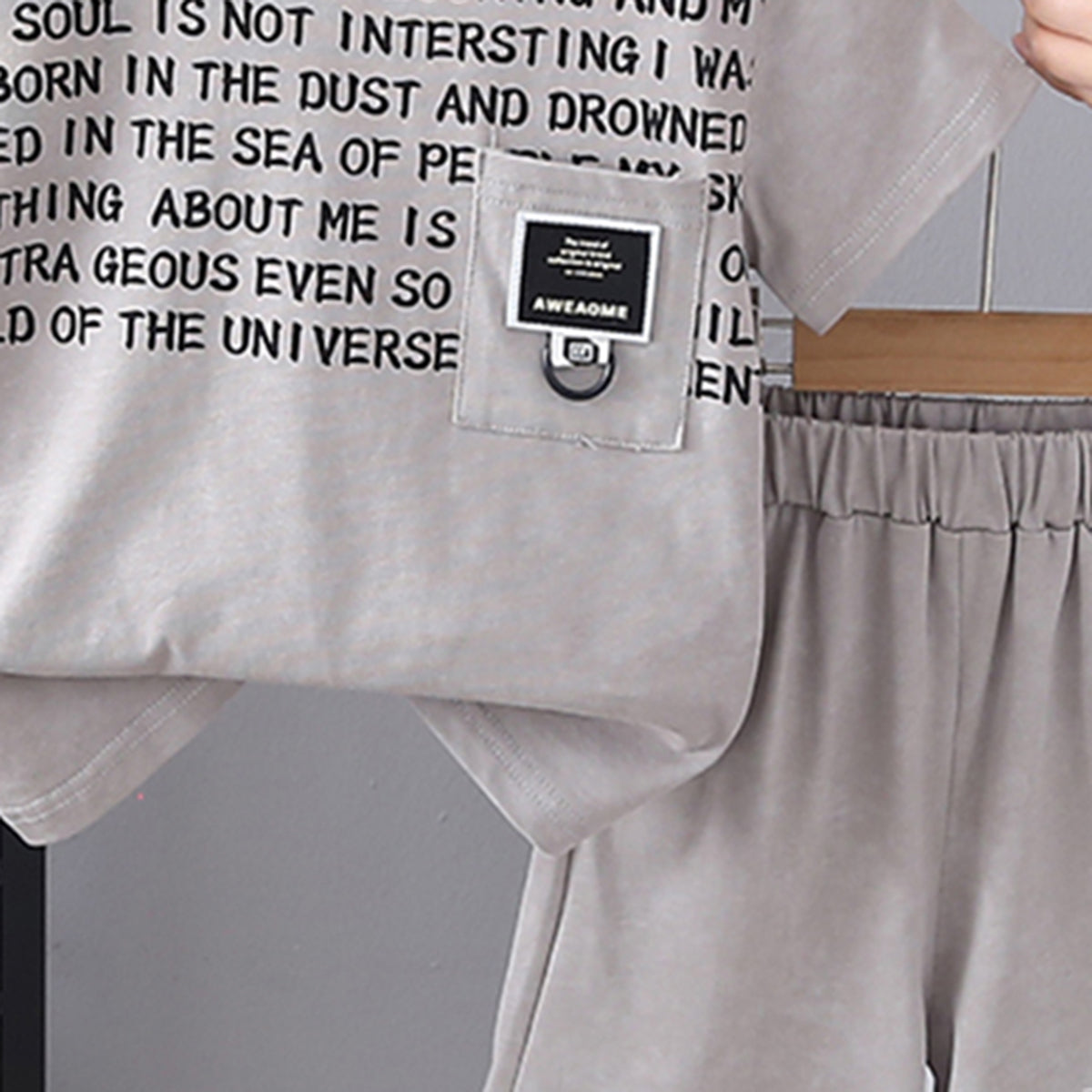Boys Grey Typography Printed Front Pocket T-Shirt With Shorts Set 2 pc. Sets