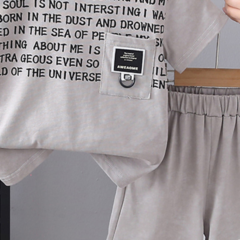 Boys Grey Typography Printed Front Pocket T-Shirt With Shorts Set 2 pc. Sets