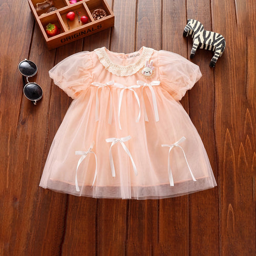 Girls Pink Bow Applique Puff Sleeve Fit & Flare Dress Casual Dresses Pink 1-2 Y