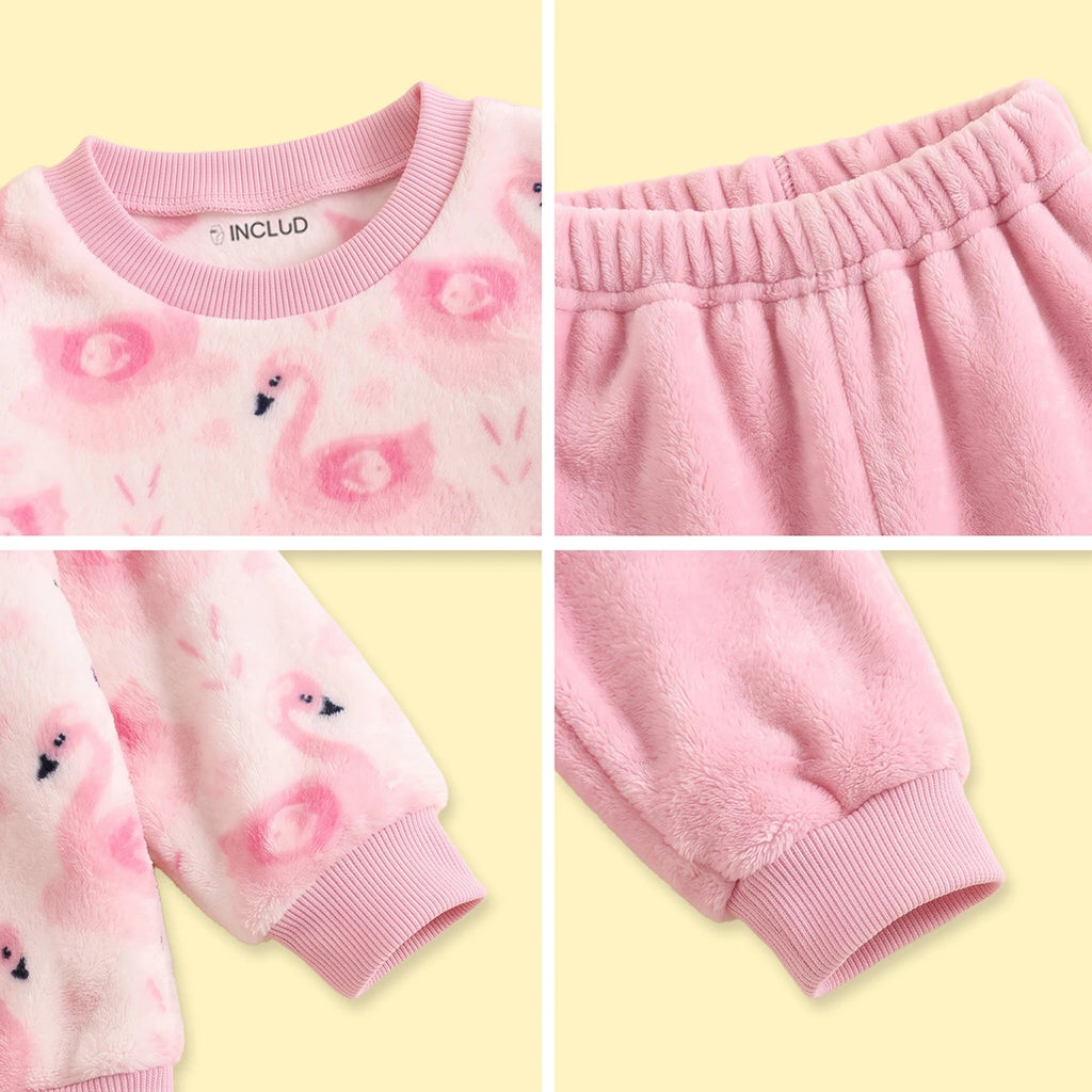 Girls Pink Swan Printed Sweatshirt With Pants Sets 2 pc. Sets
