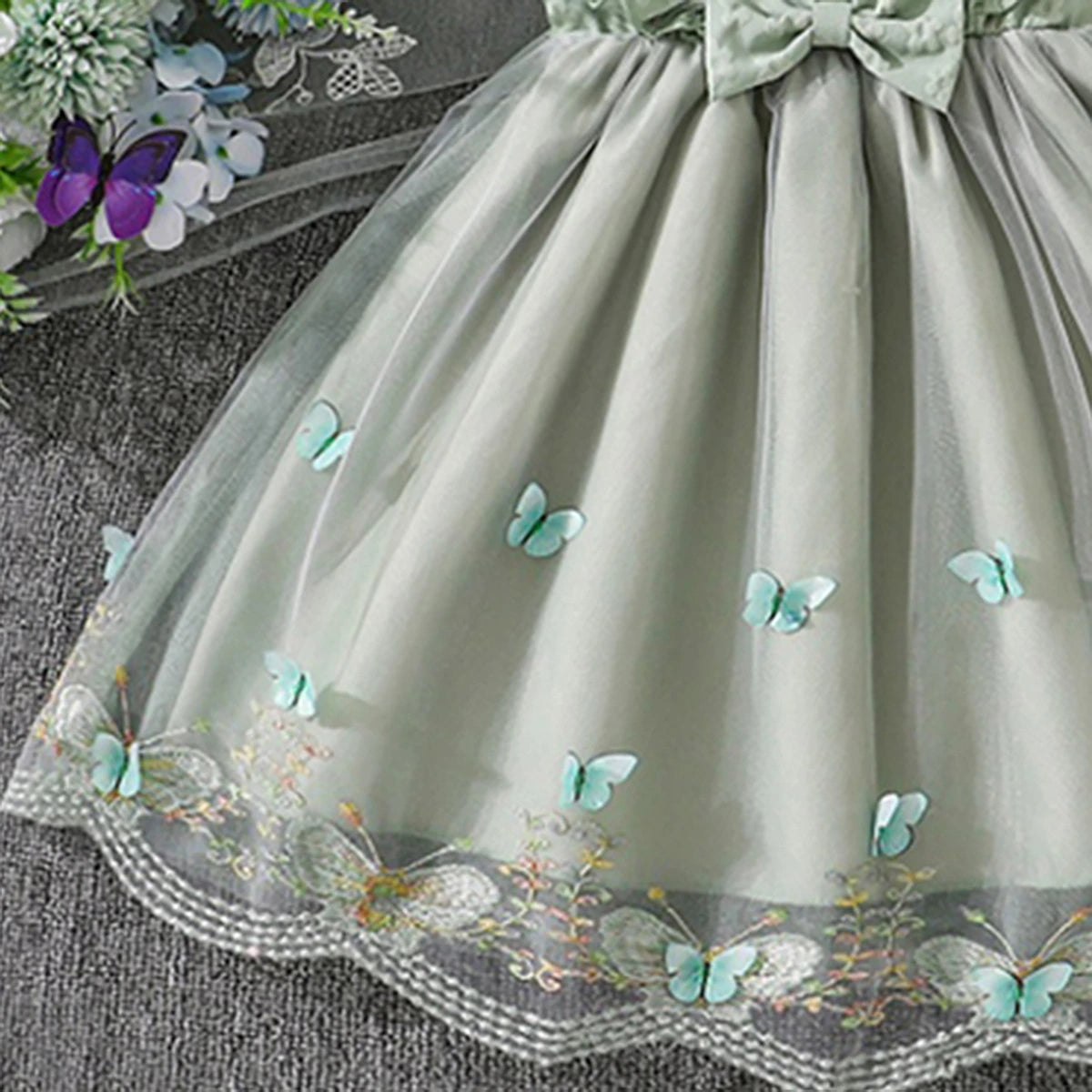Girls Sage Green Butterfly Applique Flutter Sleeve Fit & Flare Party Dress Party Dresses