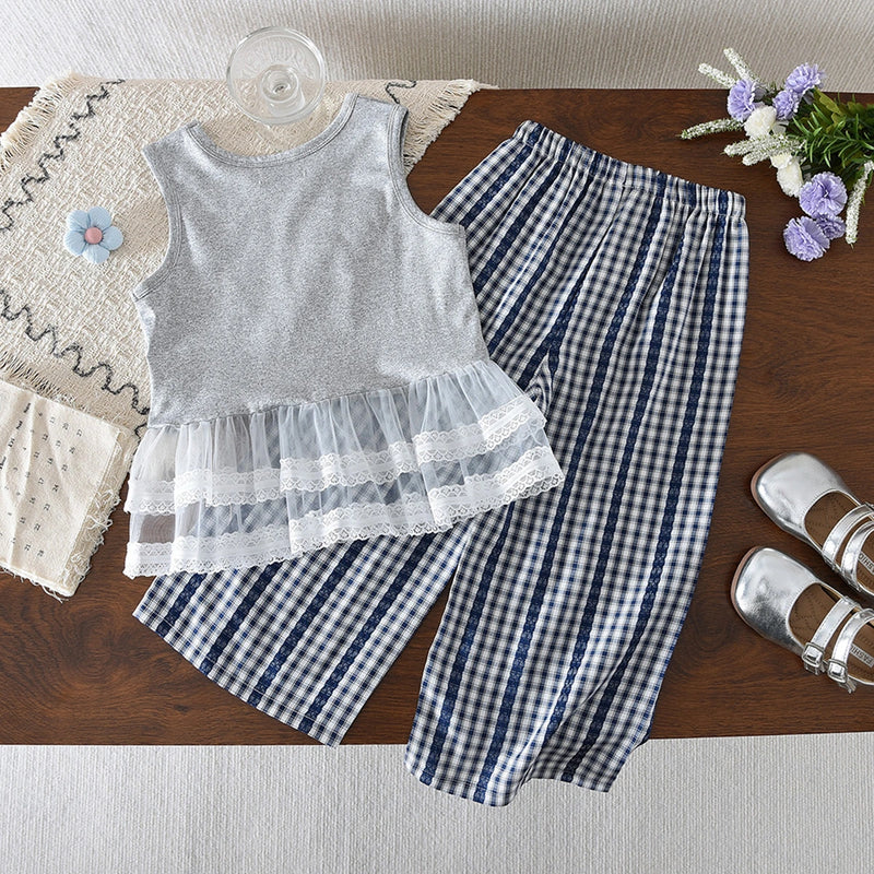 Girls Grey Bow Print Sleeveless Top With Checked Pants Sets 2 pc. Sets
