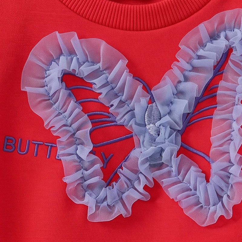 Girls Red Butterfly Long Sleeve Sweatshirt With Denim Pants Sets 2 pc. Sets