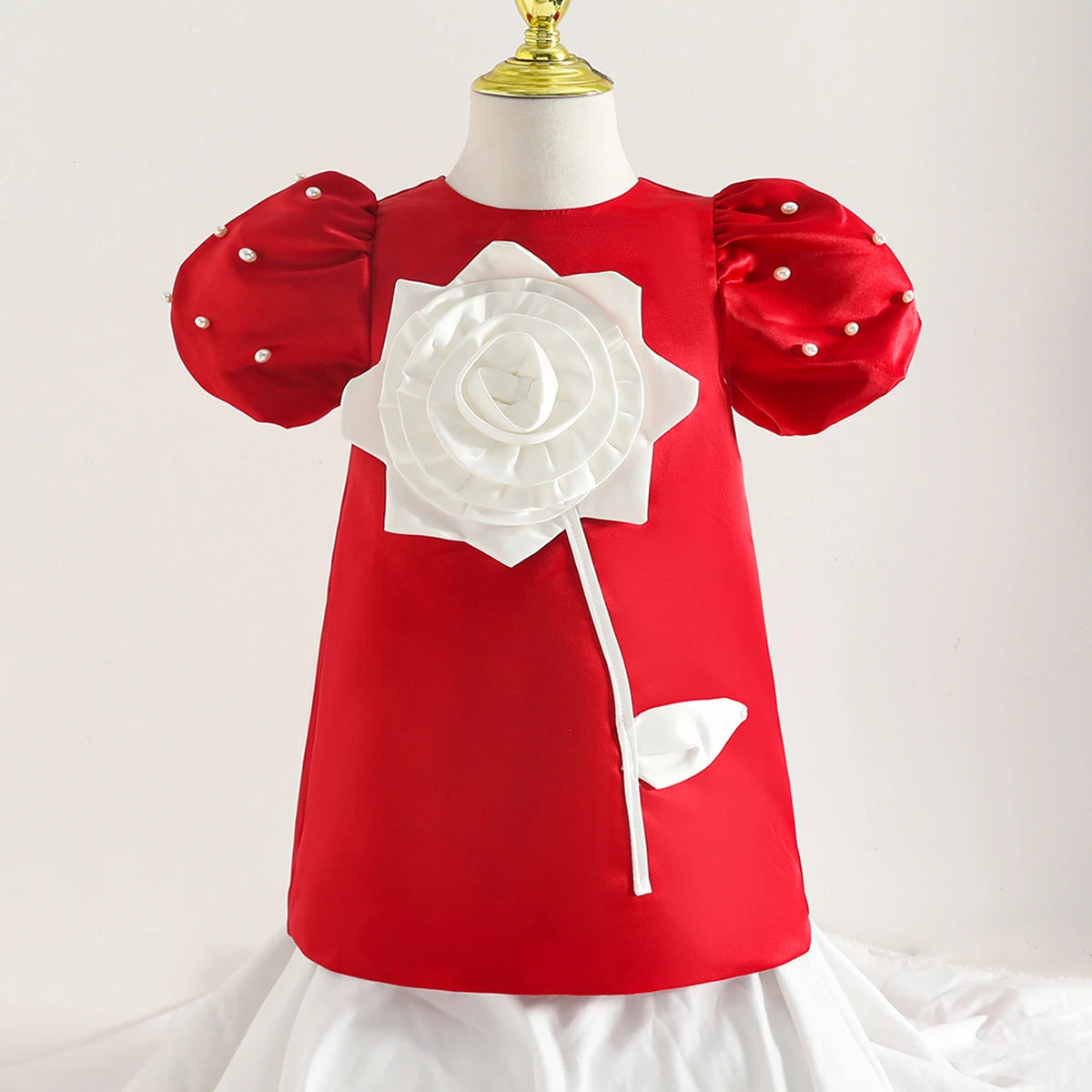 Girls Red Pearl Embellished A-line Party Dress With 3D Flower applique Party Dresses Red 2-3 Y