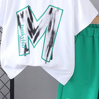 Boys White Typographic Printed Short Sleeves T-Shirt With Bottle Green Shorts Set 2 pc. Sets