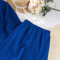 Girls Blue Textured Long Sleeve Shirt With Pants Set Sets   