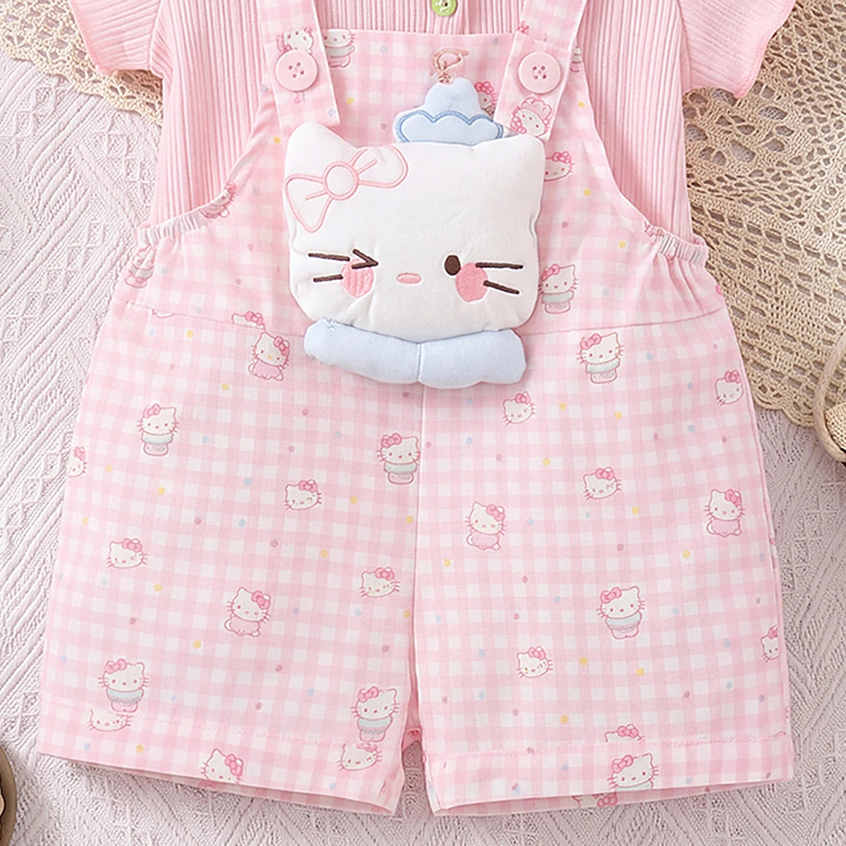 Girls Light Pink Checked Short Sleeve Top With Dungaree Sets 2 pc. Sets
