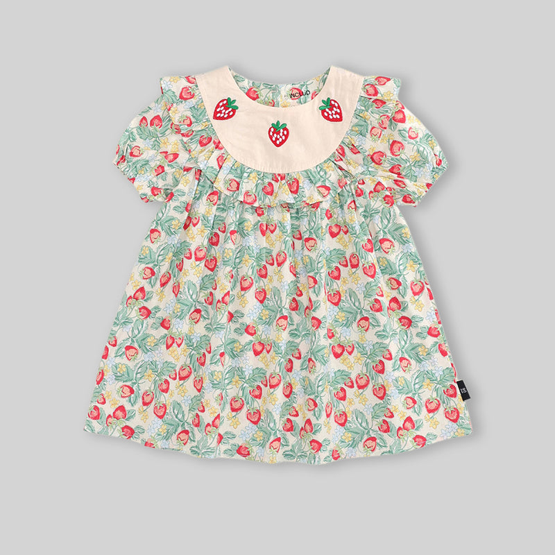 Girls Light Green Strawberry Embroidery A-line Dress Casual Dresses