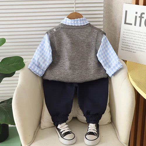 Boys Blue Cat Applique Sweater Vest With Shirt and Pant Set 3 pc. Sets