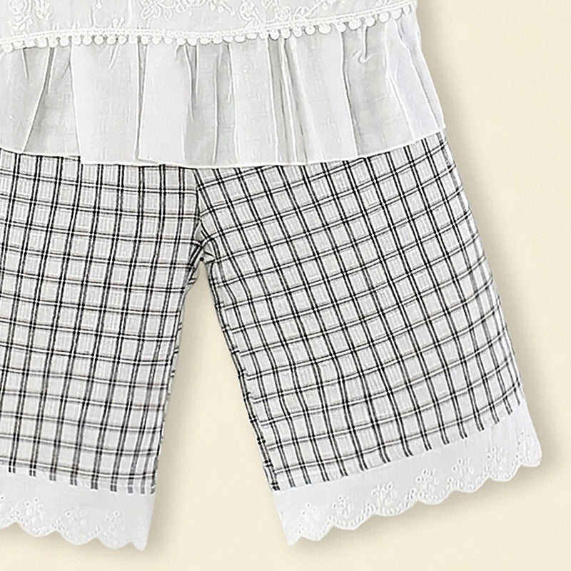 Girls White Floral Embroidered Top With Checked Pants Sets Sets