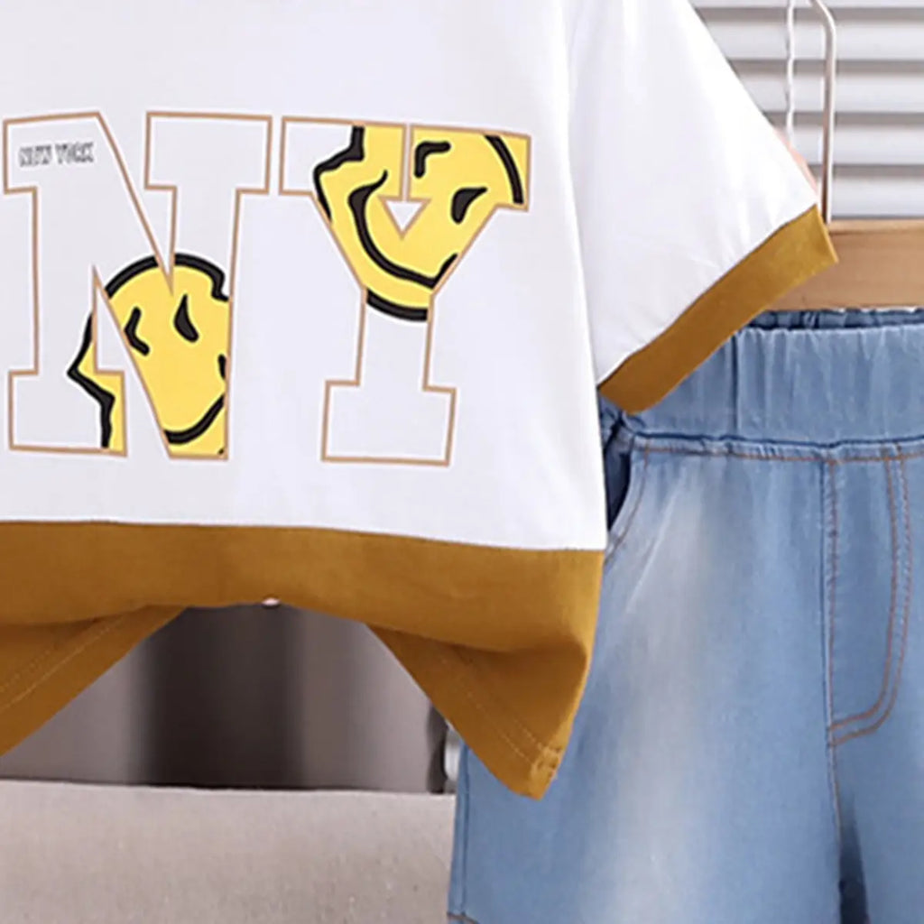 Boys White Graphic Printed Short Sleeve T-Shirt With Denim Shorts Sets 2 pc. Sets
