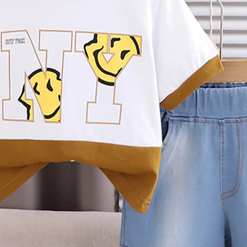 Boys White Graphic Printed Short Sleeve T-Shirt With Denim Shorts Sets 2 pc. Sets