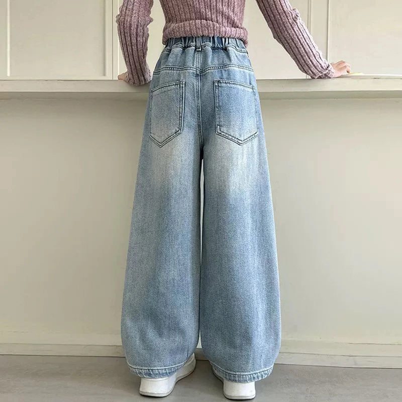 Girls Light Blue Straight Fit Denim Pants Pants