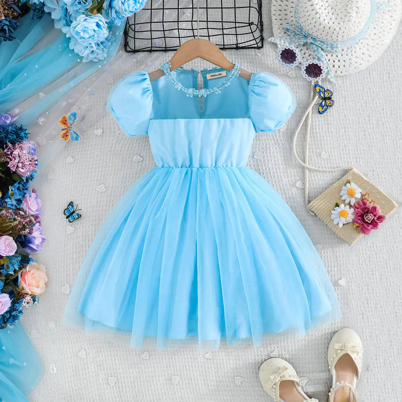 Girls Light Blue Tulle Overlay Fit & Flare Dress With Puff Sleeves Casual Dresses Light Blue 3-4 Y