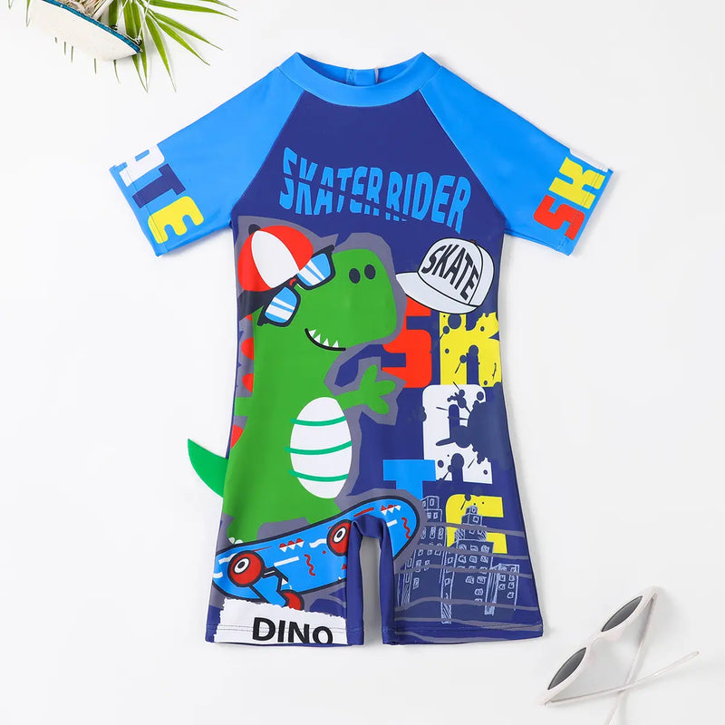 Boys Blue Graphics Short Sleeves Swimwear Bodysuit Beachwear Blue 3-4 Y