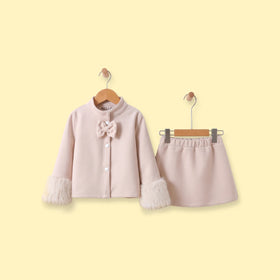 Girls Beige Bow Applique Shirt With Skirt Sets 2 pc. Sets Beige 3-4 Y