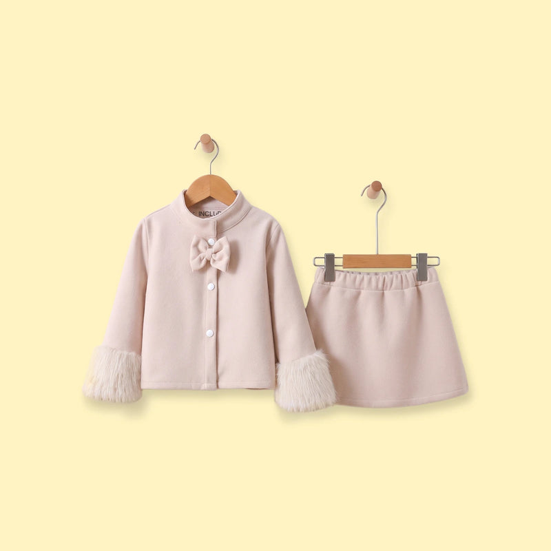 Girls Beige Bow Applique Shirt With Skirt Sets 2 pc. Sets Beige 3-4 Y