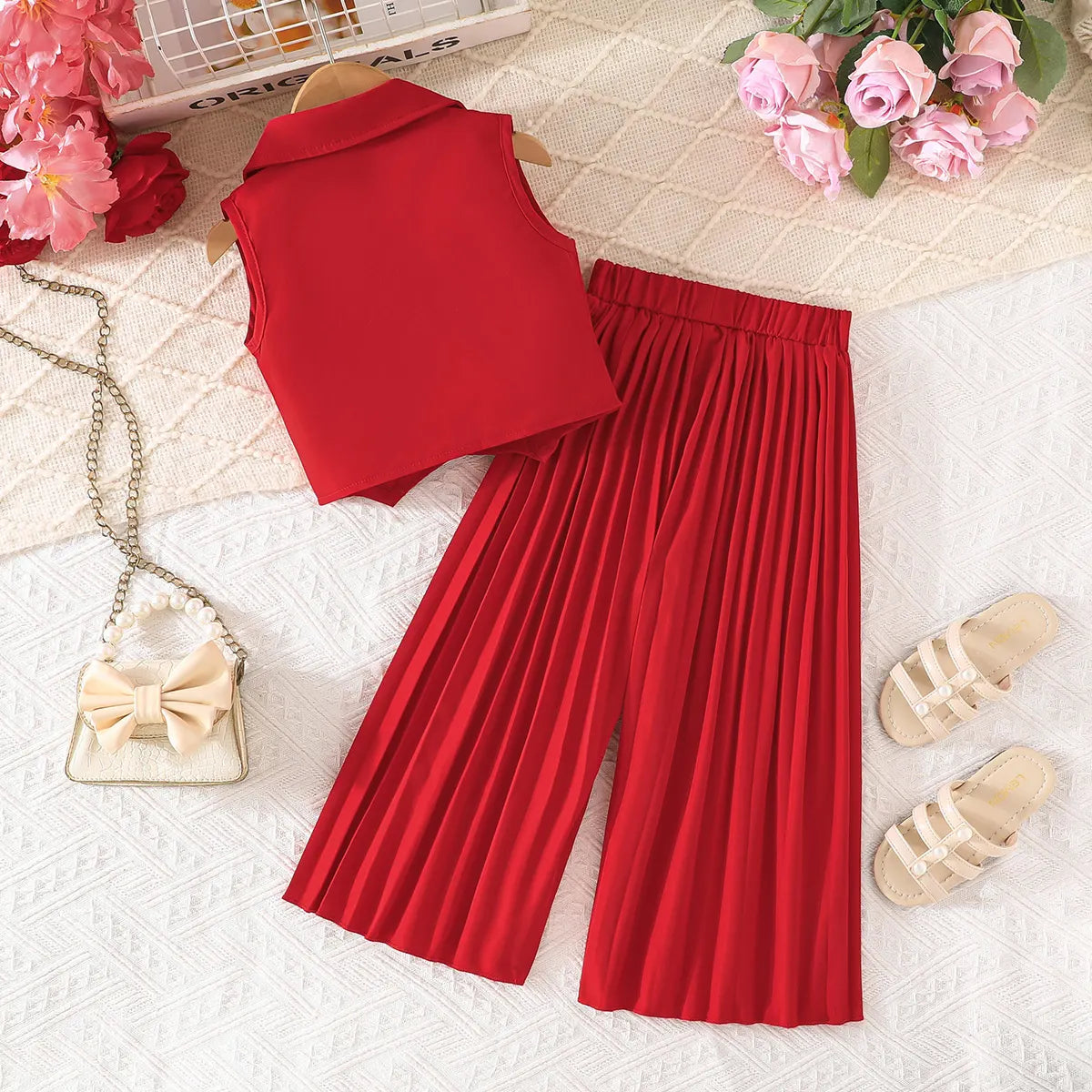 Girls Red Sleeveless Blazer Top With Pleated Flared Pant Co-ord Sets Sets