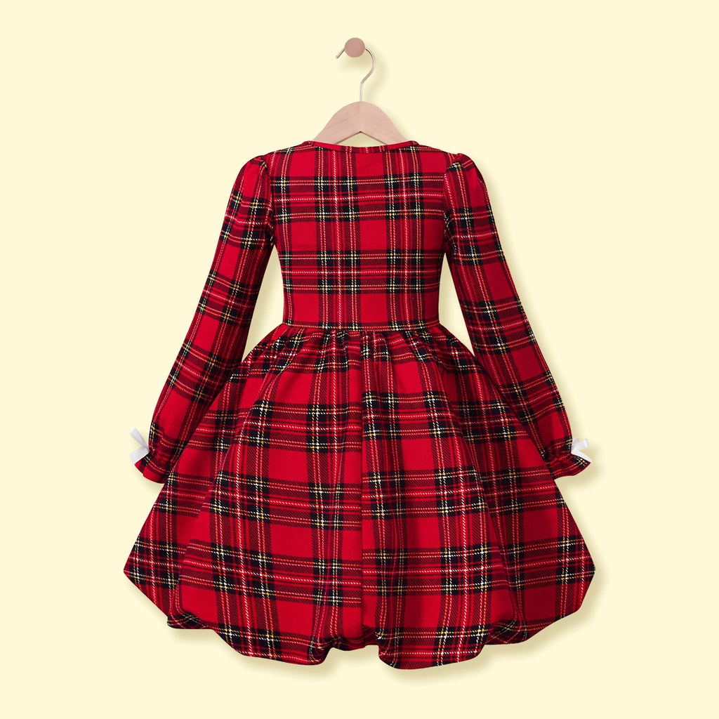 Girls Red Checked Long Sleeve Balloon Dress Casual Dresses