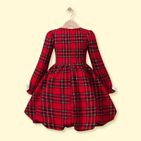 Girls Red Checked Long Sleeve Balloon Dress Casual Dresses