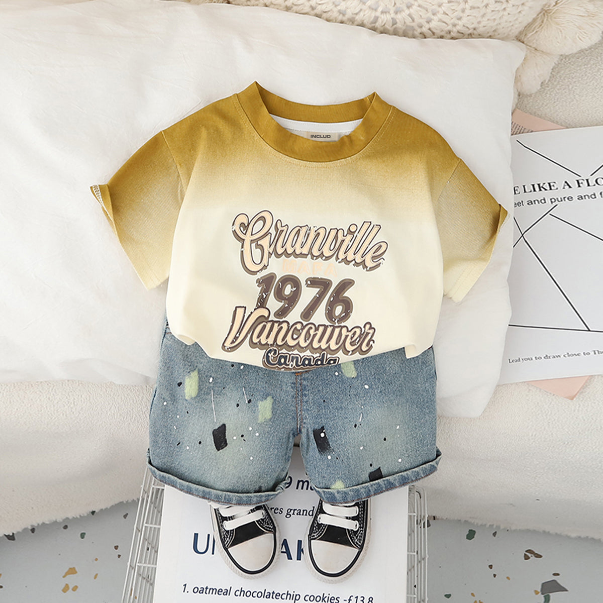 Boys Yellow Ombre Printed T-Shirt With Denim Shorts Set 2 pc. Sets Yellow 1-2 Y